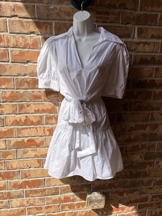 TCEC Poplin Collared Short Sleeve Tiered Mini Dress with Puff Sleeves size Large - Picture 2 of 8